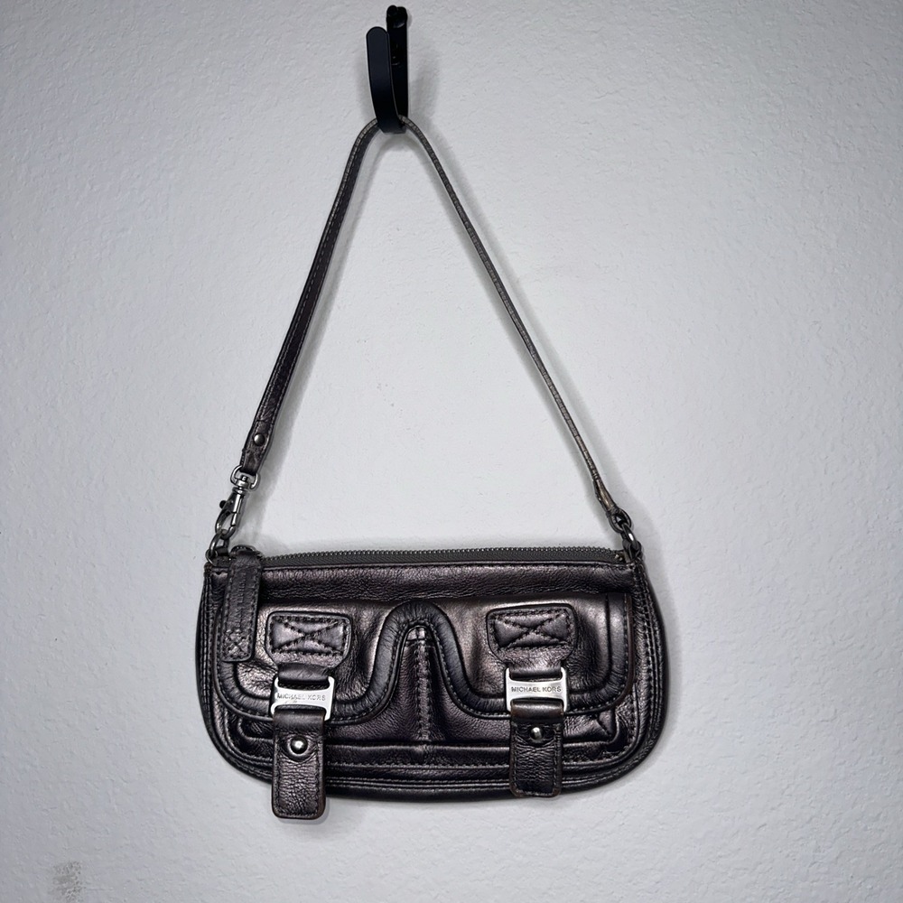 Y2K Michael kors Zoe Small Pebbled Leather Pochette Metallic Gray Mini Convertib